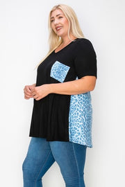 13 CP-A {Instant Love} Black/Blue Animal Print V-Neck Top EXTENDED PLUS SIZE 3X 4X 5X