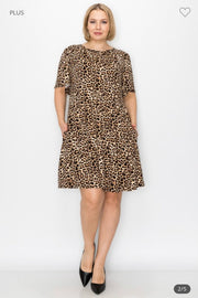 30 PSS-B {Leopard Lady} Leopard Print Dress W/Pockets PLUS SIZE 1X 2X 3X