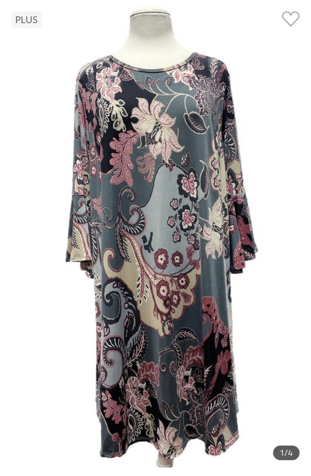 85 PQ-L {The Way I Live} Grey Floral Bell Sleeve Dress EXTENDED PLUS SIZE 3X 4X 5X *** FLASH SALE***