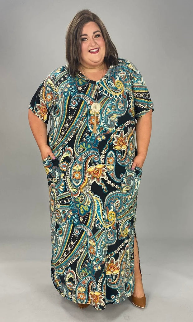 LD-M {Finding Happiness} Teal Paisley V-Neck Maxi Dress EXTENDED PLUS SIZE 3X 4X 5X