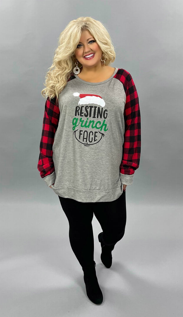 32 GT-A {Grinch Face} Grey Red Plaid "Resting Grinch Face" Top PLUS SIZE XL 2X 3X