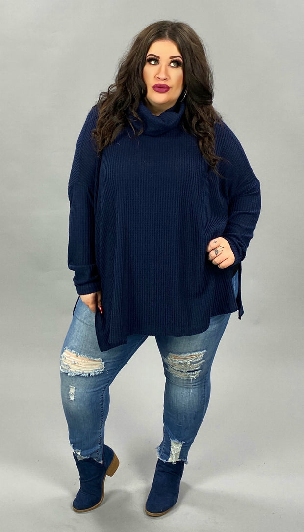 40 SLS-B {Here For Smores} Navy Waffle Knit Cowl Neck Top PLUS SIZE XL 2X 3X