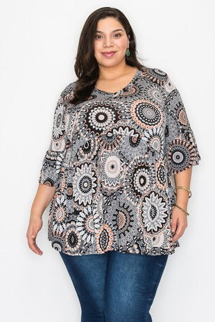 65 PSS-C {Fire And Desire} Grey Mandala Print Babydoll Top EXTENDED PLUS SIZE 3X 4X 5X