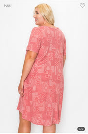 34 PSS- G {EasyTo See} Dusty Red Paisley V-Neck Dress EXTENDED PLUS SIZE 3X 4X 5X