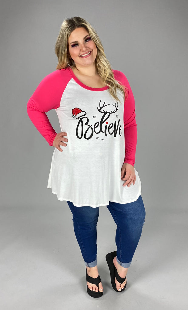 85 GT-D {Believe} White/Pink Graphic Tee CURVY BRAND!!  EXTENDED PLUS SIZE 1X 2X 3X 4X 5X 6X