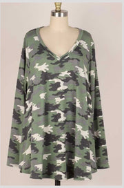 42 OR 56 PLS-F {Good To Know} Olive Camo V-Neck Top EXTENDED PLUS SIZE 3X 4X 5X