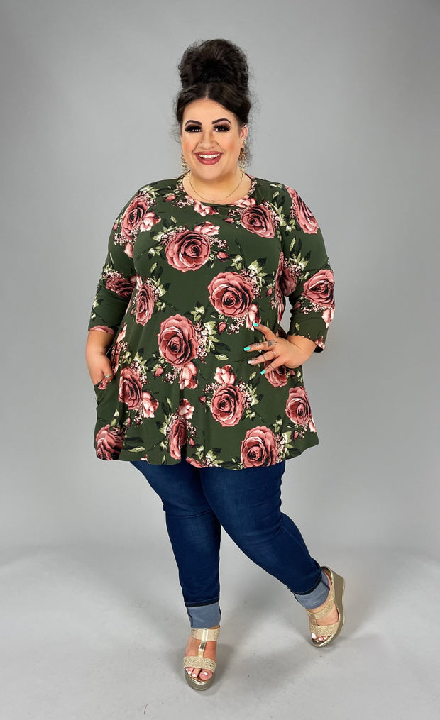 90 PQ-E {A Rose Is A Rose} Olive/Rose Print Top EXTENDED PLUS SIZE 3X 4X 5X