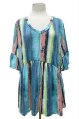 37 PQ-O {Over The Rainbow} Blue Stripe Print Babydoll Top EXTENDED PLUS SIZE 3X 4X 5X