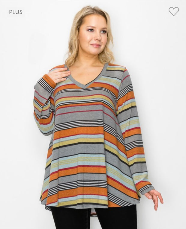 96 PLS-X {Thinking About You} Grey Striped V-Neck Top EXTENDED PLUS SIZE 3X 4X 5X