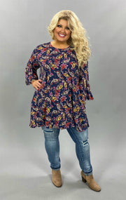 PQ-M {Simple Country LIfe} Navy Tunic W/Multi Color Paisley Print PLUS SIZE 1X 2X 3X