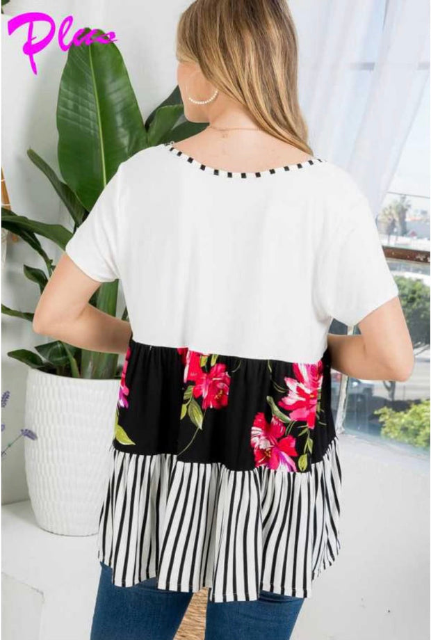73 CP-Z {Sweet Honey} Ivory/Black ***SALE***Floral Tiered Top PLUS SIZE 1X 2X 3X