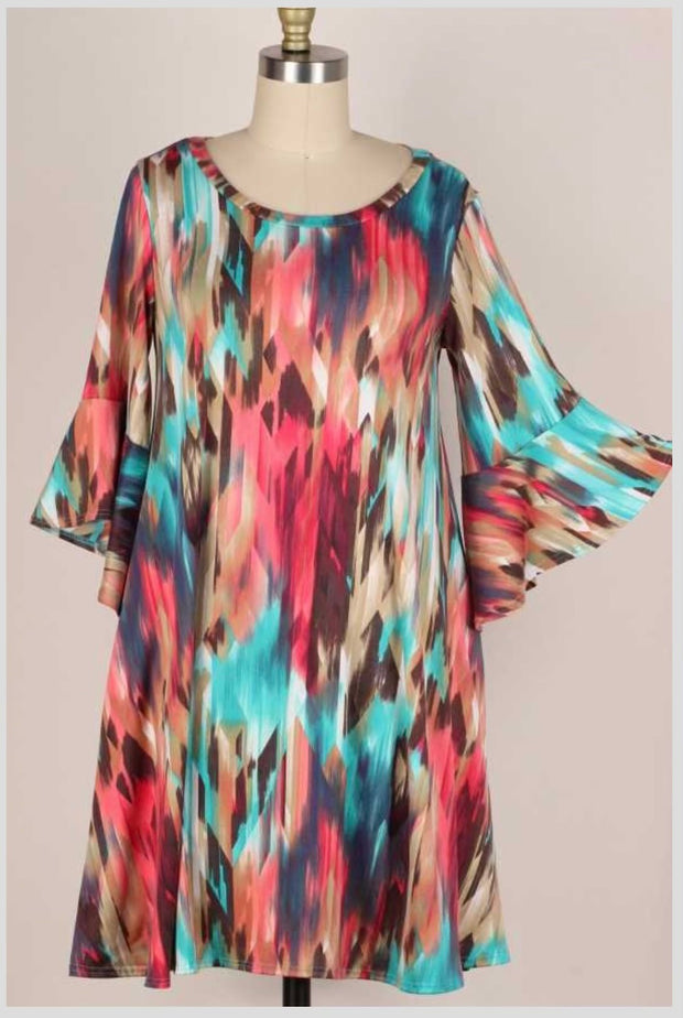 88 PQ-V {Close Attention} ***FLASH SALE***Multi-Color Bell Sleeve Dress PLUS SIZE 1X 2X 3X