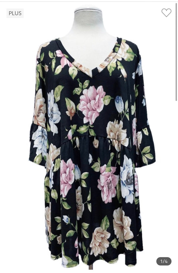 74 PSS-B {Meant To Be} Black Floral Babydoll Top PLUS SIZE 1X 2X 3X