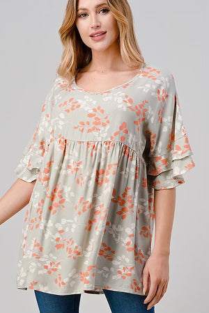 78 PQ-A {Right On The Mark} Soft Sage Print Babydoll Top PLUS SIZE 1X 2X 3X