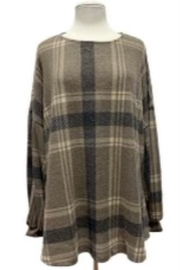 42 PLS-A {Campfire Moments} Brown Check Bubble Sleeve Top EXTENDED PLUS SIZE 3X 4X 5X