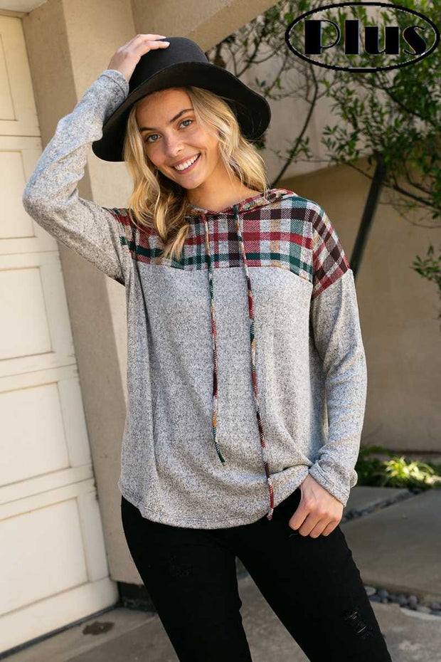 37 HD-D {Ride With Me} ***FLASH SALE***Grey Red Plaid Contrast Hoodie EXTENDED PLUS SIZE XL 2X 3X 4X 5X 6X