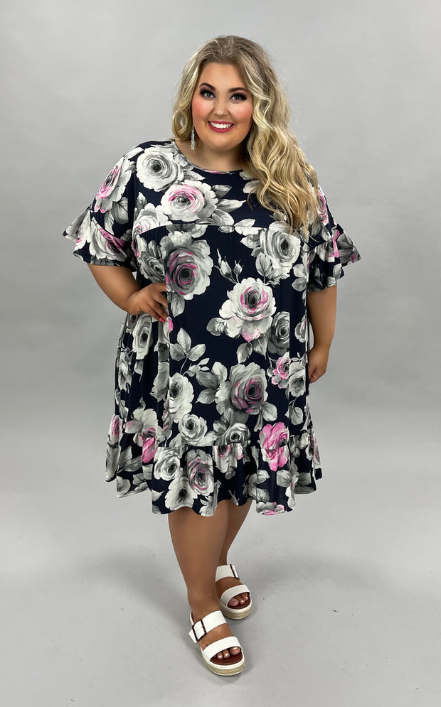 55 PSS-A {You Are In Control} ***SALE***Navy Floral Dress w/ Pockets PLUS SIZE 1X 2X 3X