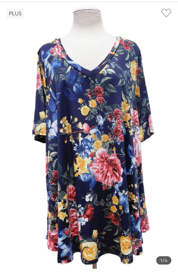61 PSS- A {Leading With Grace} Navy Floral  V-Neck Top EXTENDED PLUS SIZE 3X 4X 5X