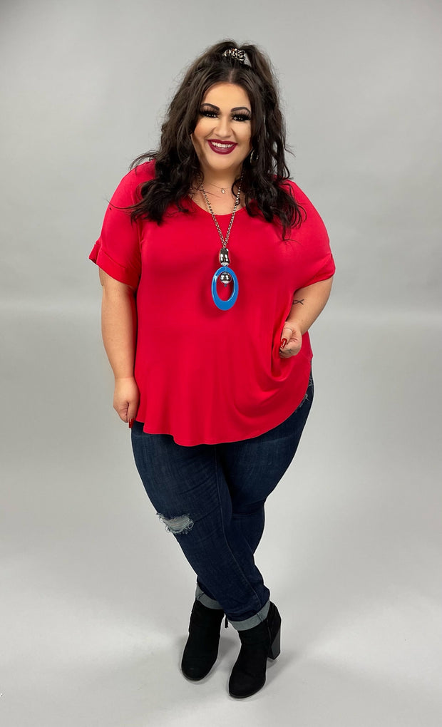 58 SSS-C {Hint of Red}  ***SALE***Red V-Neck  FLASH SALE***Short  Cuff Sleeve Top PLUS SIZE 1X 2X 3X