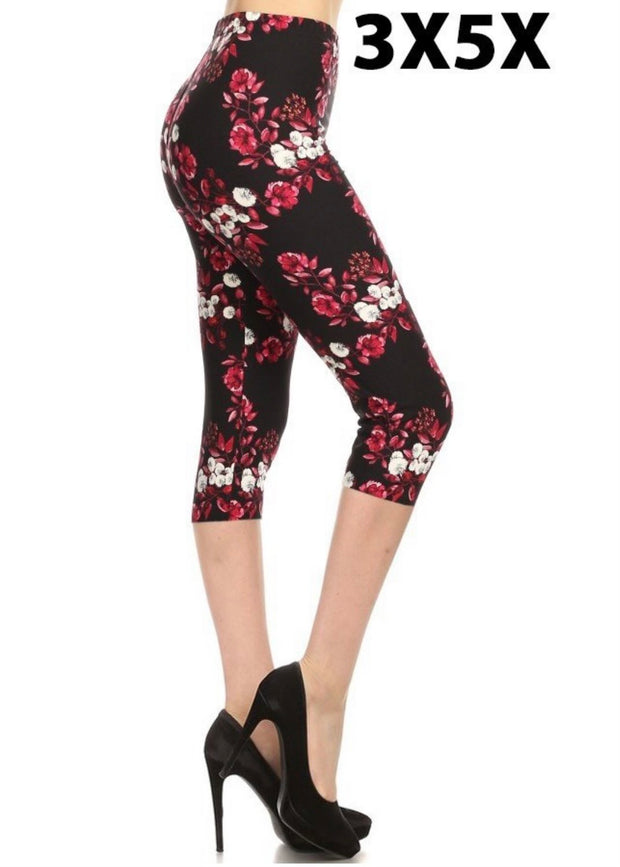 LEG-55 {Pointed Past} Pink White Floral Printed Butter Soft Capri Leg EXTENDED PLUS SIZE 3X/5Xgings