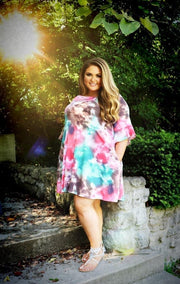 PQ-A {Don't Look Back} Coral & Green Tie Dye Ruffle Sleeve Dress PLUS SIZE 1X 2X 3X