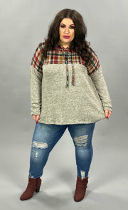 37 HD-D {Ride With Me} ***FLASH SALE***Grey Red Plaid Contrast Hoodie EXTENDED PLUS SIZE XL 2X 3X 4X 5X 6X