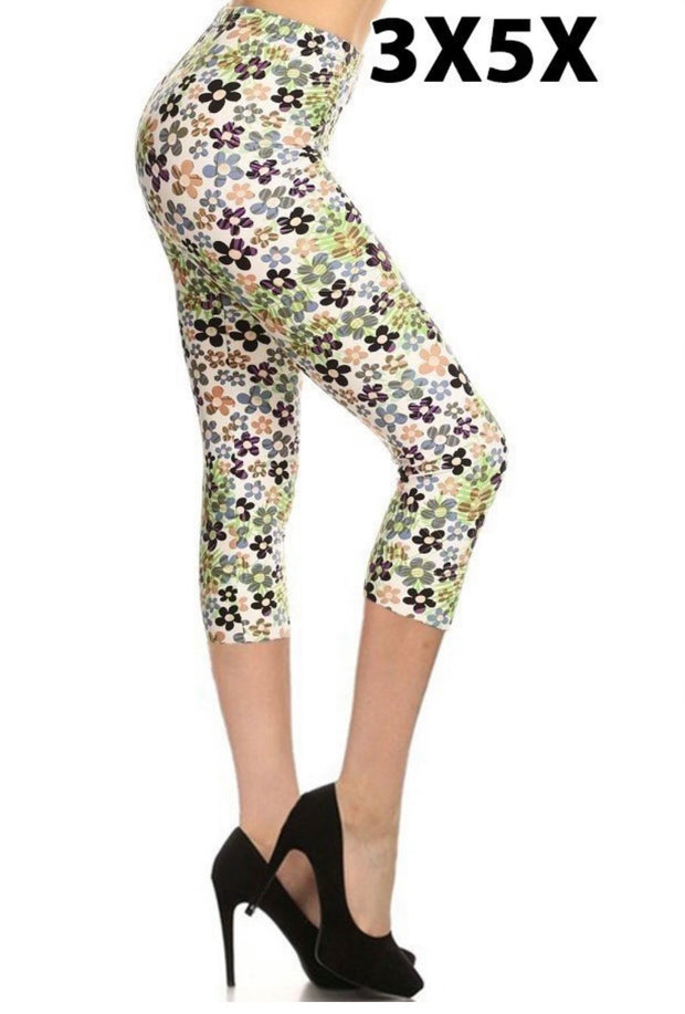 LEG-57- (Be There Soon) Ivory Floral Butter-Soft Leggings Extended Plus Capri