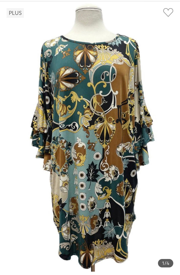 30 PQ-P {High Society} Green Multi-Color Print Tunic EXTENDED PLUS SIZE 3X 4X 5X