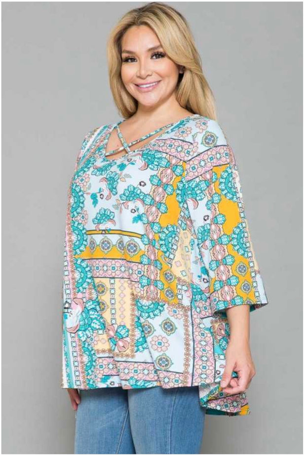 67 PQ-A {Drawing Attention} SALE!  Blue Multi Print Criss Cross Tunic EXTENDED  PLUS 4X 5X 6X