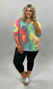 49 PLS-B {Lost In Time} Green Yellow Red Tie Dye V-Neck Top PLUS SIZE XL 2X 3X