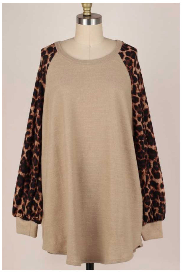 CP-G {Too Cute} Beige Knit Top Brown Leopard Sleeve PLUS SIZE XL 2X 3X ***FLASH SALE***