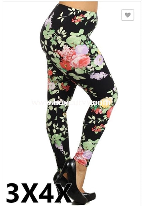 Leg/pls- Black Leggings With Springtime Floral Print