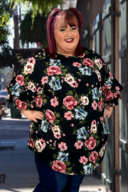 65 PSS-0 {Likely Story} Black Floral Tunic w/Ruffled Sleeve EXTENDED PLUS SIZE 3X 4X 5X
