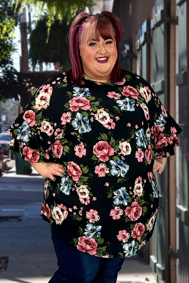 65 PSS-0 {Likely Story} Black Floral Tunic w/Ruffled Sleeve EXTENDED PLUS SIZE 3X 4X 5X