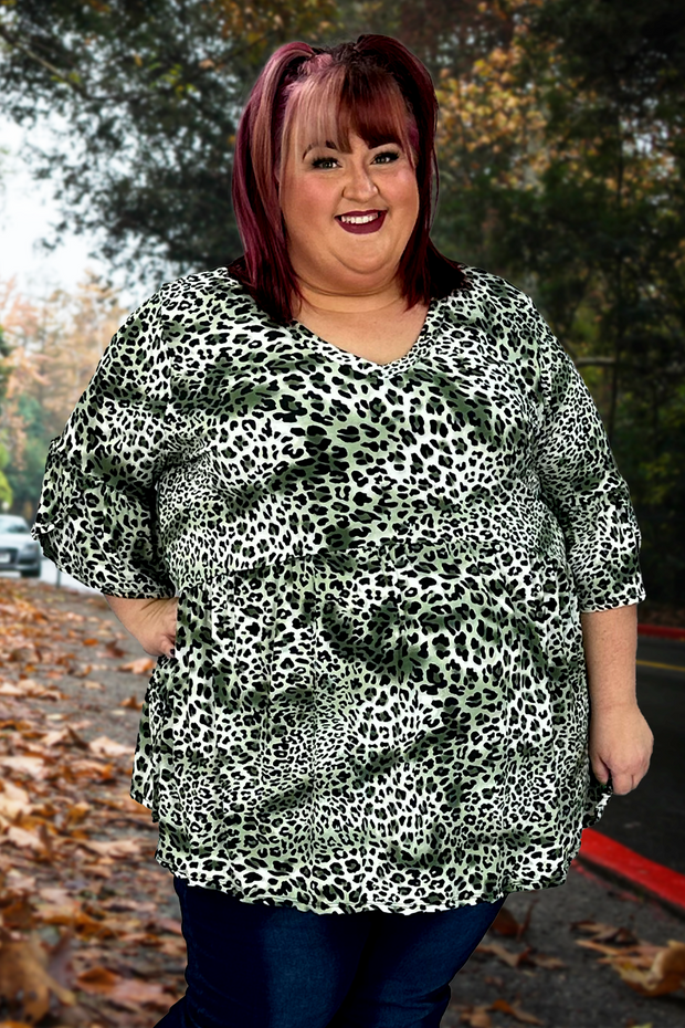 65 PSS-U {No Time To Waste} Green Leopard Print Babydoll Top EXTENDED PLUS SIZE 3X 4X 5X