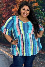 37 PQ-O {Over The Rainbow} Blue Stripe Print Babydoll Top EXTENDED PLUS SIZE 3X 4X 5X
