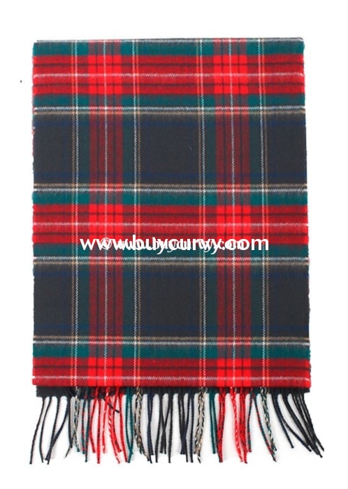 Scf- Evergeeen/red Plaid Scarf With Fringe Detail Scarves