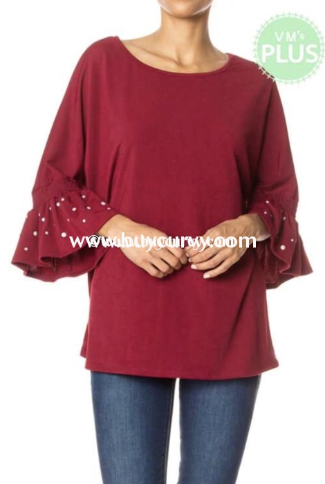 Sd-M {Glam It Up} Maroon Tunic With Pearl Detailed Sleeves Solid With Detail
