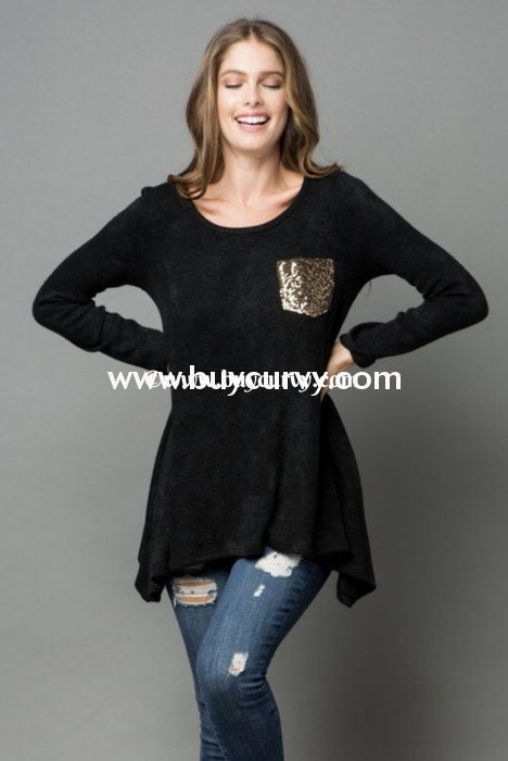 Sd-M {Happy For You} Black Knit Tunic With Sequined Pocket Solid With Detail