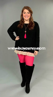 Sd-O {Limited Edition} Black Knit Sweater With Lace Hem Solid With Detail