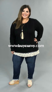 Sd-O {Limited Edition} Black Knit Sweater With Lace Hem Solid With Detail