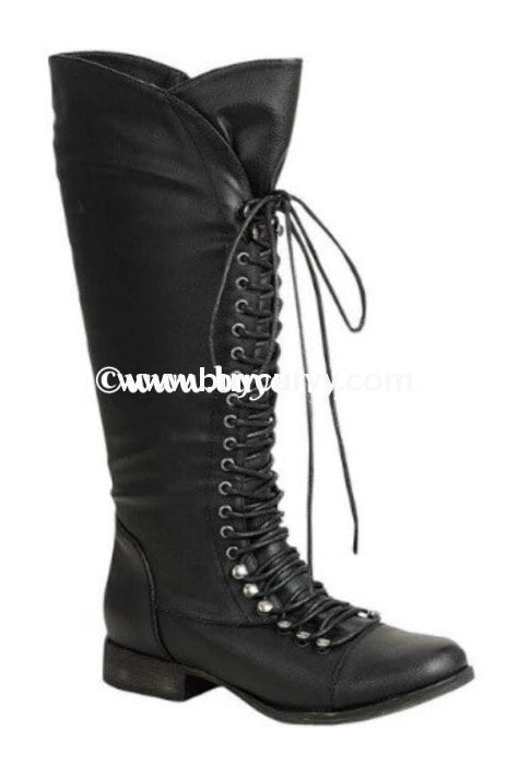 Shoes-Breckelles Black Tall Mid-Calf Lace Up Boots Sale! Shoes